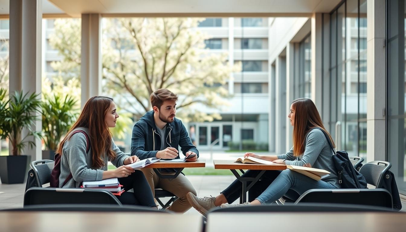 Students studying together in modern classroom